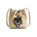 Cool Fashion Sequined Tiger Pattern PU Leather Drawstring Crossbody Bucket Bag 16*19*11 CM