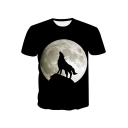 Summer Stylish Moon Wolf Printed Round Neck Short Sleeve Black T-Shirt