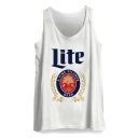 Guys Summer Simple Letter LITE Logo Print White Casual Loose Tank Top
