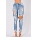 Womens New Fashion Blue Distressed Ripped Hole Rolled Cuff Skinny Jeans
