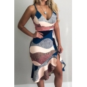Summer Chic Unique Color Block V-Neck Ruffled Hem Midi Bodycon Cami Dress