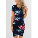 Womens Chic Navy Floral Printed Round Neck Short Sleeve Mini Bodycon Dress