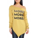 Cool Simple Letter MORE Printed Oblique One Shoulder Long Sleeve Casual Asymmetrical Sweatshirt