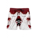 Popular Fashion 3D Letter I'M FINE Bloodstain Printed Drawstring Waist White and Red Polyester Relaxed Shorts