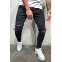 Men's New Fashion Tape Side Zip Cuff Black Plain Skinny Fit Destroyed Ripped Jeans