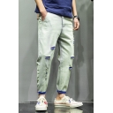Men's New Fashion Colorblock Rolled Cuffs Relaxed Fit Ripped Tapered Jeans