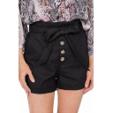 Trendy Simple Plain Bow-Tied Waist Button-Fly Paperbag Shorts