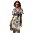 Fashion Ethnic Style Tribal Printed Plunging V-Neck Short Sleeve Midi Sheath Beach Dress