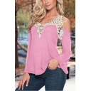 Womens Sexy Hollow Lace Patched Cold Shoulder Long Sleeve V-Neck Casual Tee