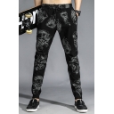 Men's New Fashion Black Cool Tiger Printed Drawstring Waist Casual Cotton Sweatpants