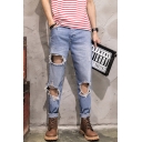 Men's Cool Trendy Simple Plain Keen Cut Regular Fit Light Blue Jeans With Holes