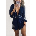 Summer Trendy Chic Floral Printed Sexy Plunged V-Neck Long Sleeve Blue Romper for Girls