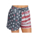 Summer Womens Fashion Drawstring Waist Star Stripe Flag Print Casual Loose Shorts