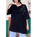 Womens Simple Portrait Sketch Print Round Neck Oversized Loose Tee