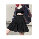 Womens Stylish Plain High Waist Ruffle Hem Pleated Midi A-line Skirt