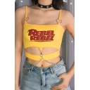 Summer Fashion Womens Yellow REBEL Letter Printed Chain Embellished Cutout Straps Sexy Crop Cami