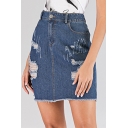 Summer Hot Stylish Plain High Waist Tassel Hem Washed Ripped A-Line Mini Denim Skirt