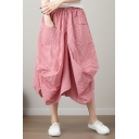 Summer New Arrival Check Print Elastic Waist Casual Loose Vintage Midi Cotton Linen Skirt