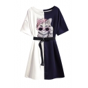 Summer Stylish Plus Size Short Sleeve Colorblock Cat Bow Eyeglass Printed Belt Waist Mini A-Line Dress