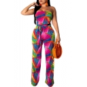 Hot Sexy Womens Strapless Sleeveless Tie Waist Abstract Printed Bandeau Jumpsuits