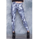 Womens New Trendy Navy Painting Printed Elastic Waist Polyester Ankle Length Legging Pants