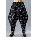 Chinese Style Popular Fashion Unique Printed Navy Baggy Low Crotch Harem Pants for Guys