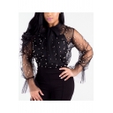 Sexy Night Club Chic Beading Embellished Bow-Tied Collar Long Sleeve Two-Piece Sheer Mesh Blouse