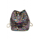 Trendy Plain Colored Sequin Chain Bucket Bag For Women 17*12*17 CM