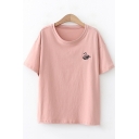 Simple Swan Embroidery Round Neck Short Sleeve Casual T-Shirt
