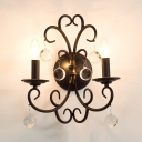 Metal Candle Wall Litht with Crystal Ball Bedroom 2 Lights American Rustic Wall Lamp in Black