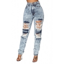 Womens Trendy Snow Washed High Rise Destroyed Ripped Hole Stretch Fit Denim Jeans