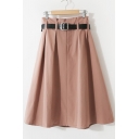 Womens Trendy Washed Cotton Plain Belted Waist Midi Flared Skirt