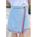 Girls Fashion Contrast Stripe Trim Frayed Hem Wrap Front Mini A-Line Blue Denim Skirt