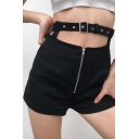 Girls Summer Cool Street Fashion Hollow Out Waist Plain Black Zipper Shorts