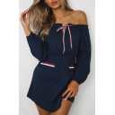 Womens Hot Trendy Tied Off the Shoulder Long Sleeve Simple Striped Pocket Mini A-Line Shirt Dress
