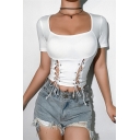 Womens Summer Sexy Slim Fit Scoop Neck Short Sleeve Hollow Lace-Up Front White Crop Tee