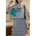 Summer Girls Funny Cartoon Glasses Frog Print Loose Fit Cotton Crop Tee