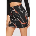 Fashion Women's Black Chain-Printed Mini Fitted A-Line Skirt