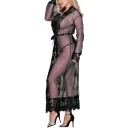 Womens Sexy Chic Lace-Trimmed Long Sleeve Bow-Tied Waist Transparent Mesh Maxi Sleepwear Dress