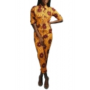 Womens New Trendy Yellow Floral Print Lapel Collar Long Sleeves High Waist Button Front Slim Jumpsuits