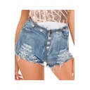 Fashion Light Blue High Rise Button-Fly Destroyed Ripped Club Denim Shorts