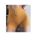 Womens Trendy Bum Lift Simple Plain Lace-Up Front Training Fitness Yoga Shorts