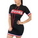 Womens Hot Stylish Black Honey Letter Print Contrast Trim Short Sleeves Fitted Mini Hoodie Dress