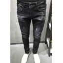 Men's Simple Fashion Solid Color Black Slim Fit Trendy Ripped Jeans