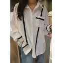Hot Stylish Womens Oversize Striped Embellished Lapel Collar Button Front Chest Patch Pocket Long Sleeve Shirt
