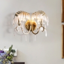 Rustic Leaf Shade Sconce Light Metal 2 Heads Gold Wall Lamp with Crystal for Living Room Bar