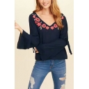 Summer Chic Floral Embroidery V-Neck Bell Long Sleeve Navy Casual Blouse