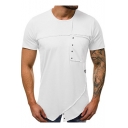 Mens Basic Simple Plain Round Neck Short Sleeve Asymmetrical Hem Slim Fit Cotton T-Shirt