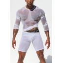 Mens Sexy Round Neck Long Sleeve Transparent Mesh Slim Fitted T-Shirt