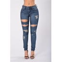 Womens Stylish Dark Blue Destroyed Ripped Hole Skinny Fit Jeans